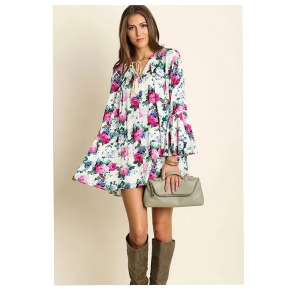 Umgee | Boho Cottage Cowgirl Floral Swing Tunic Bell Sleeves Dress | L